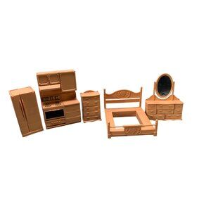 Vintage Mini Dollhouse Furniture Set Bedroom & Kitchen Brown